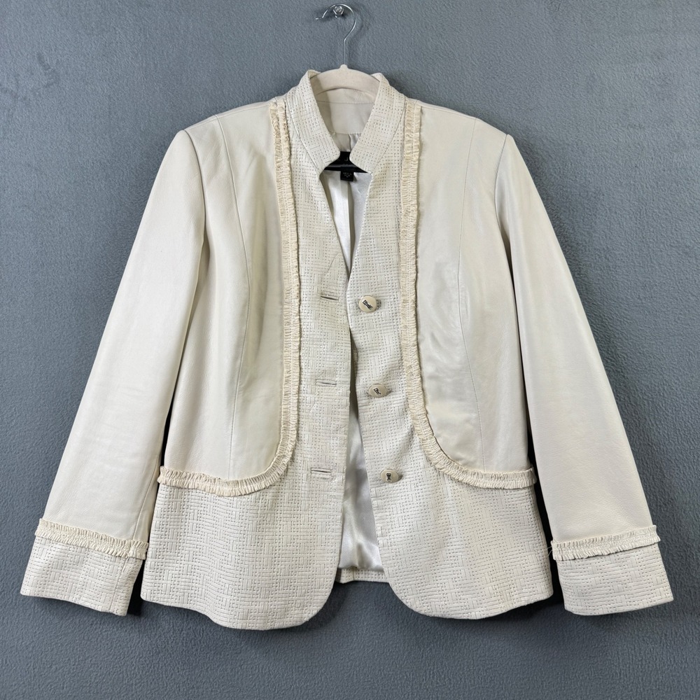 St. John Coats Cream Genuine Leather Woven Trim‎ Ruffle Blazer Jacket Womens M